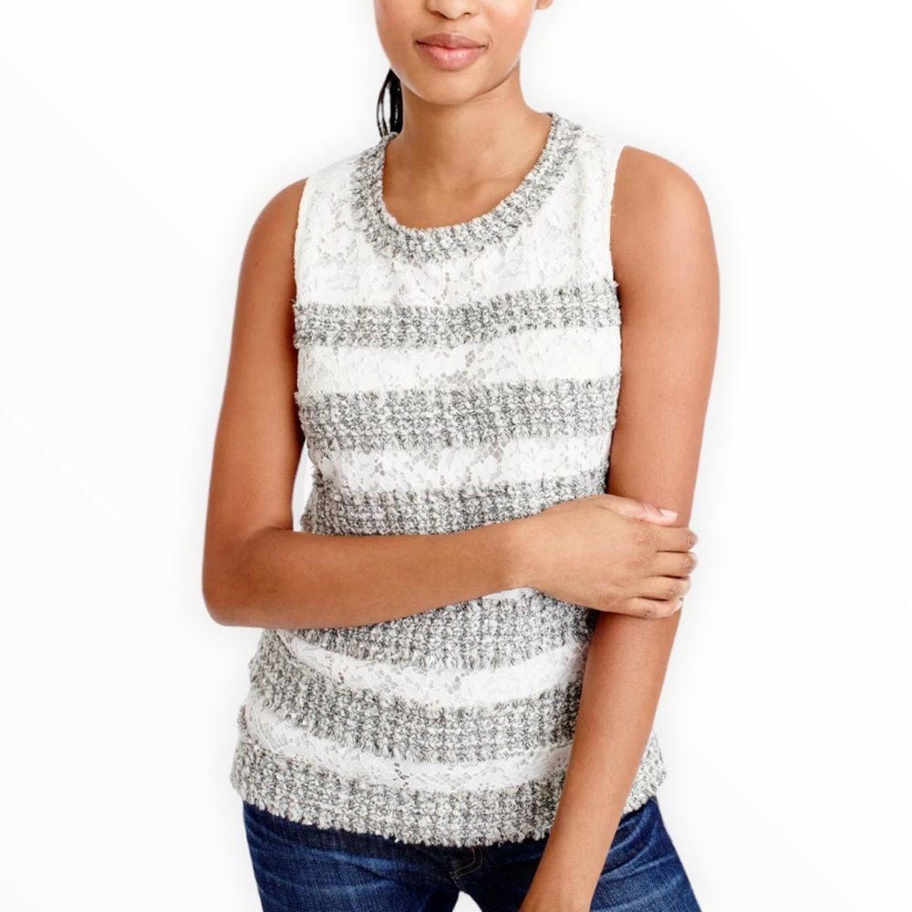 J Crew Fringe Stripe Tweed Trim Cream Lace Grey Sleeveless Tank Top NWT Size XS